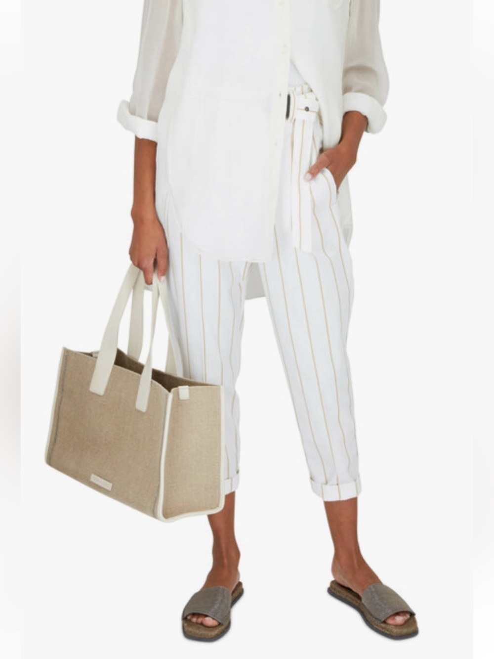 Brunello Cucinelli White & Tan Striped Cotton Pants US 6